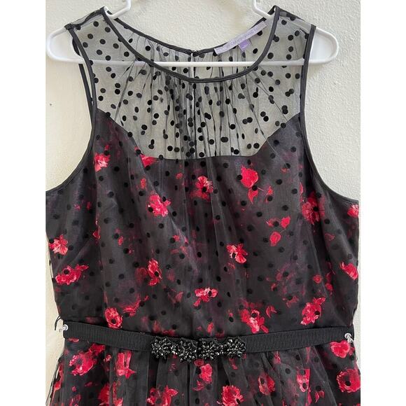 Carmen Marc Valvo Sleeveless Red Rose/Polka Dot Black Tulle Overlay Dress sz 16 - Picture 6 of 14